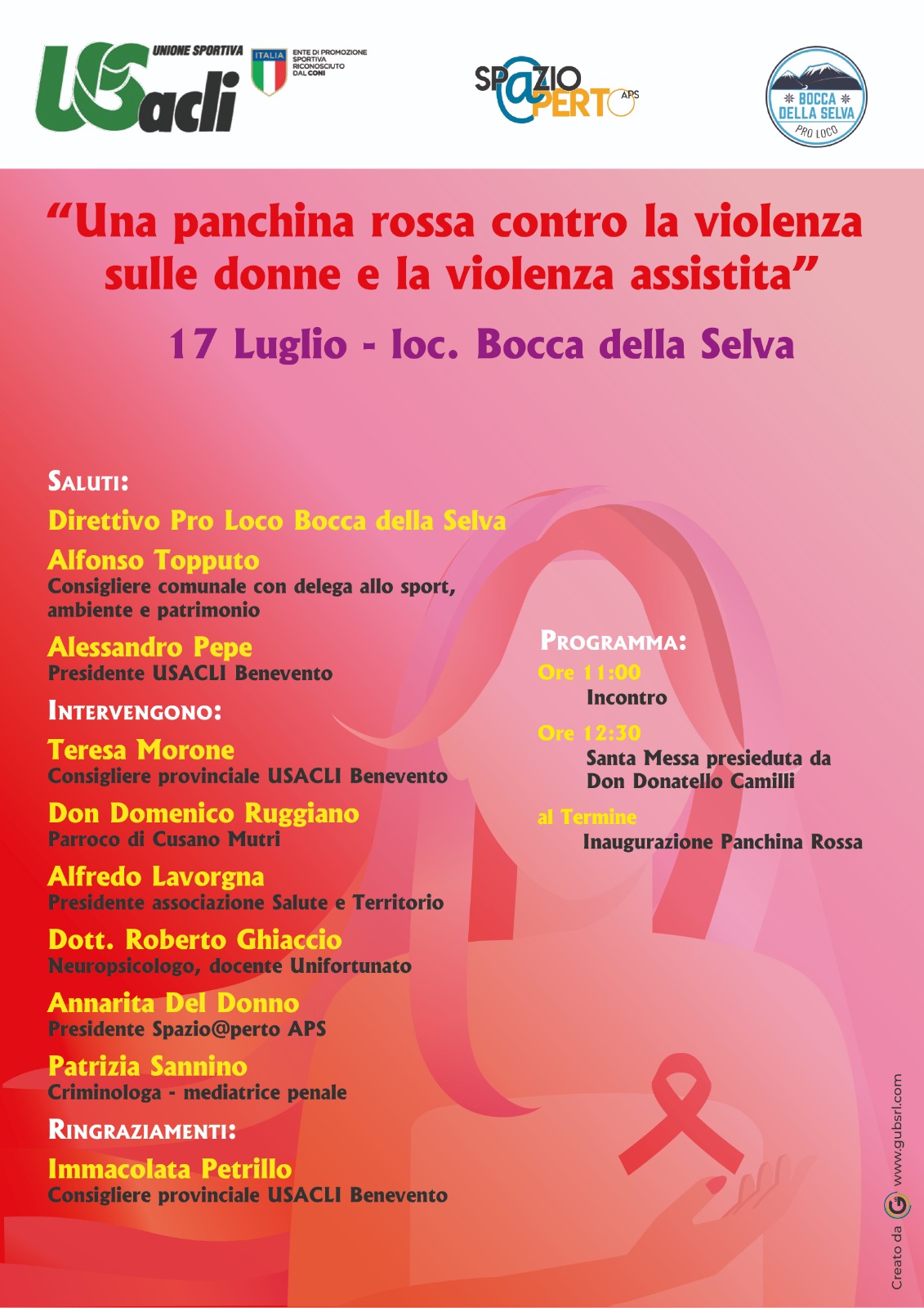 Panchina rossa antiviolenza: domenica 17 luglio inaugurazione a Bocca Della Selva