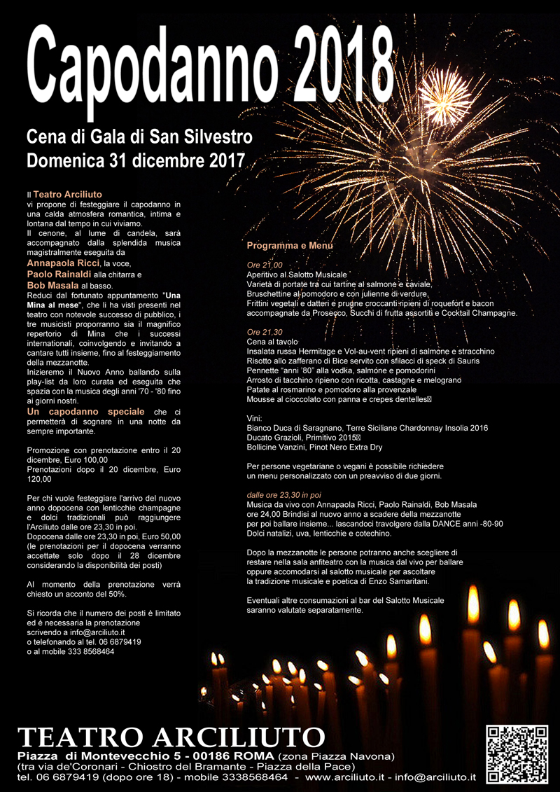 Capodanno 2018 al Teatro Arciliuto di Roma – Cena di Gala di San Silvestro / Musica dal vivo