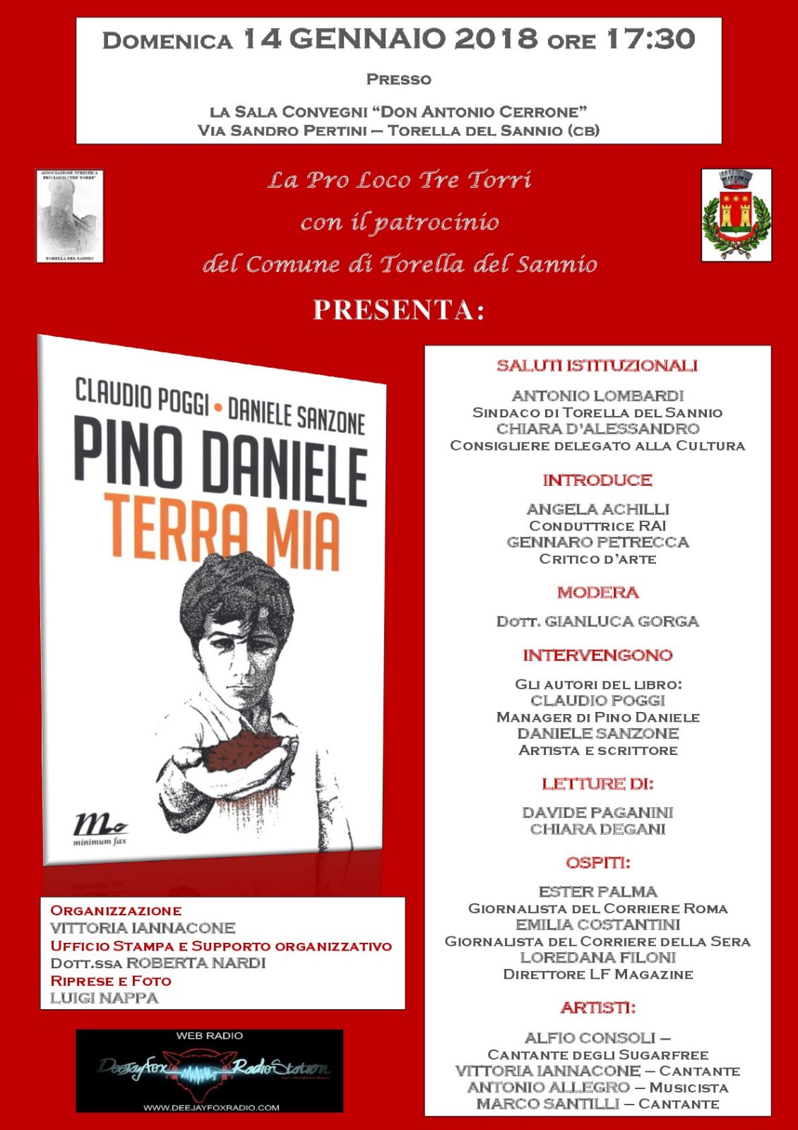 Musica & cultura a Torella del Sannio: domenica 14 gennaio in onore del grande Pino Daniele la presentazione del libro Terra Mia degli autori Claudio Poggi e Daniele Sanzone.