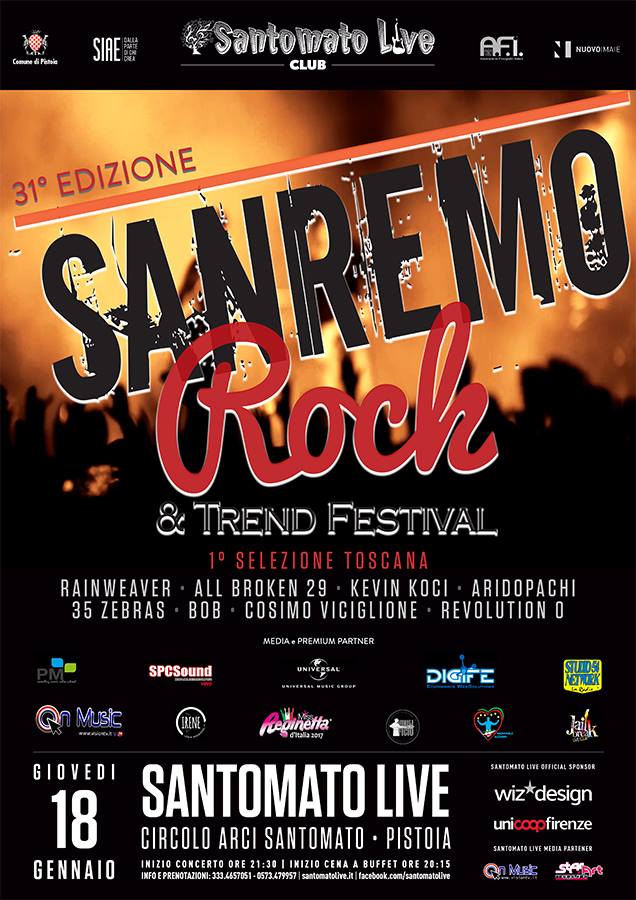 Sanremo Rock arriva in Toscana. Il 18 gennaio prima tappa di selezioni live al Santomato (PT)