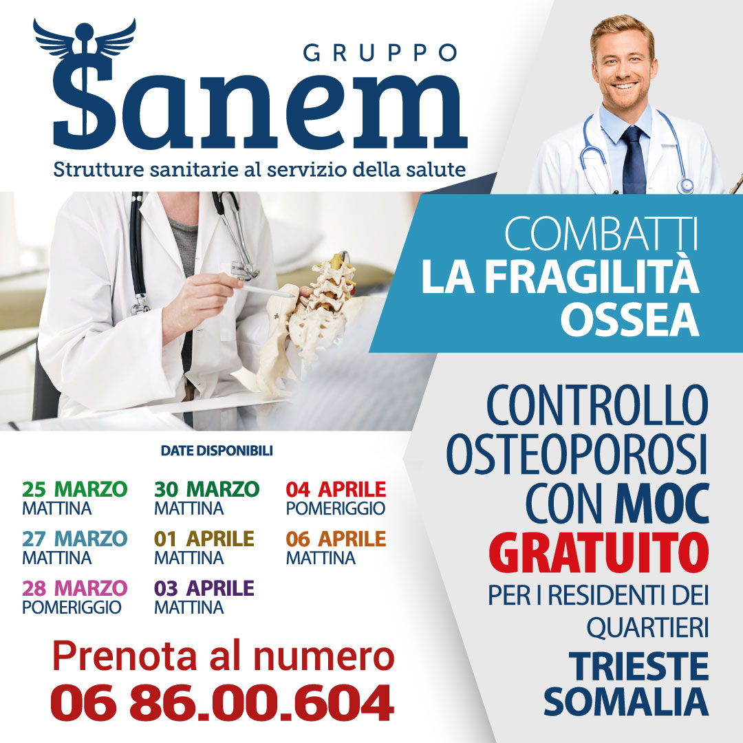 Controllo osteoporosi con MOC  GRATUITO presso il Laboratorio analisi  Sanem 2001 Viale Somalia 108 