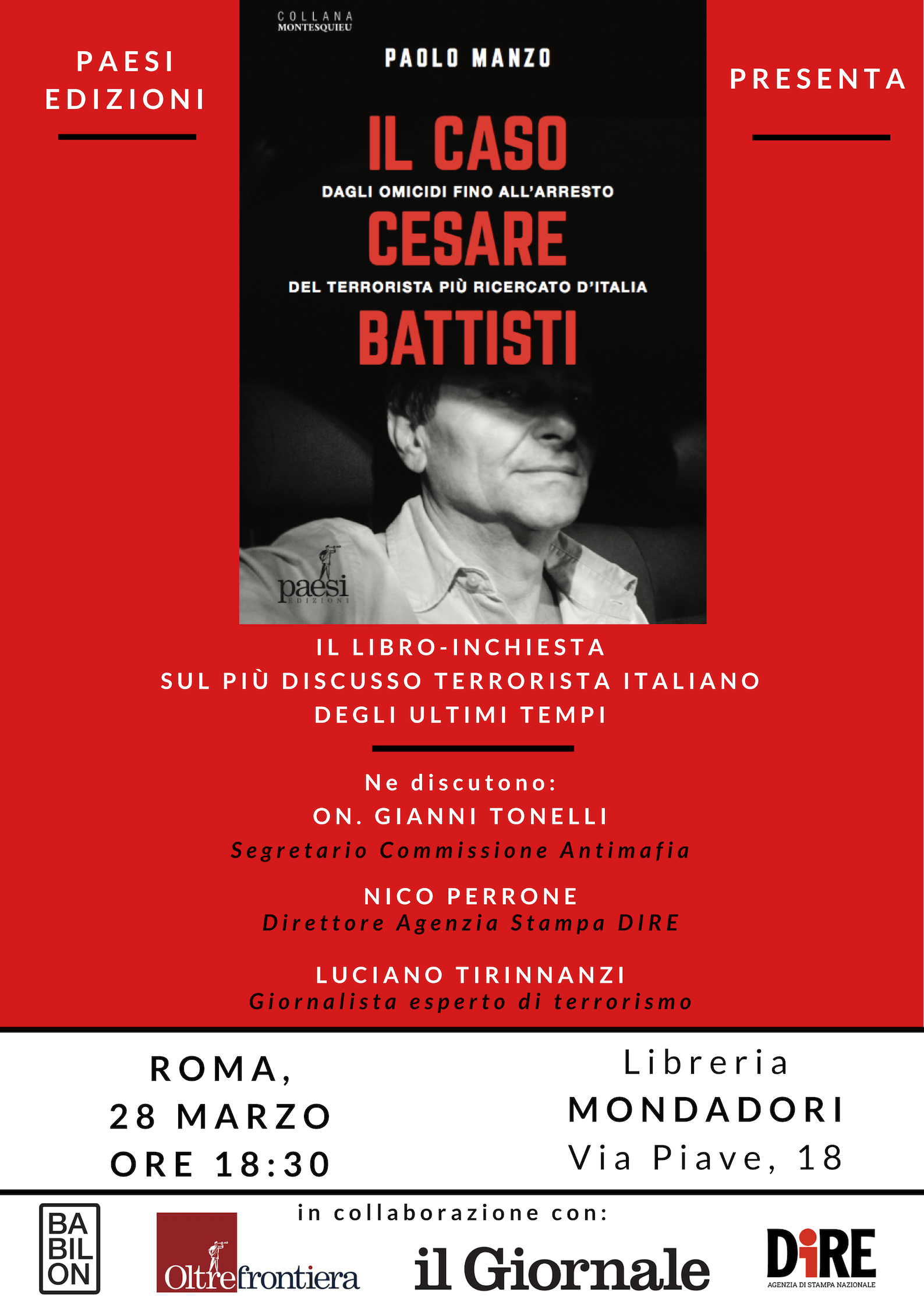 Cesare Battisti: Paesi Edizioni presenta il libro-inchiesta a Roma il 28 marzo 