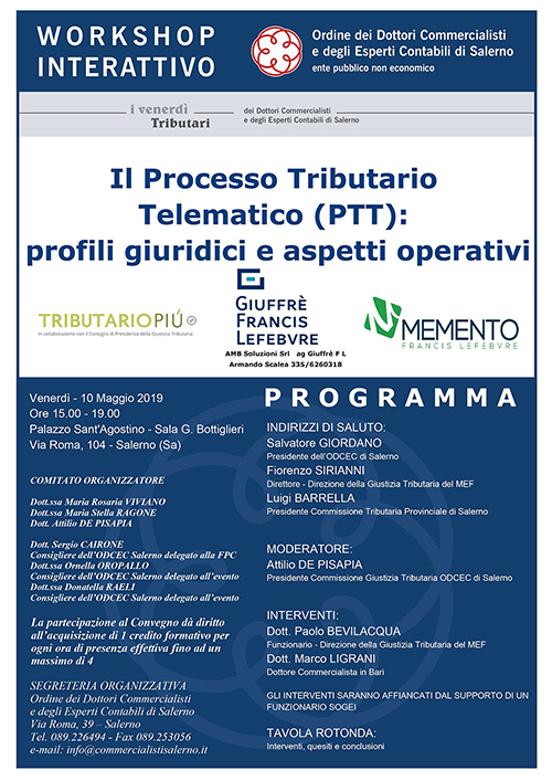 PROCESSO TRIBUTARIO TELEMATICO, DOMANI WORKSHOP DELL'ORDINE DEI DOTTORI COMMERCIALISTI ED ESPERTI CONTABILI DI SALERNO 