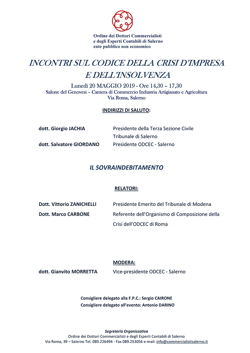 IL SOVRAINDEBITAMENTO NEL NUOVO CODICE DELLA CRISI D’IMPRESA: LUNEDÌ 20 MAGGIO L’APPROFONDIMENTO DELL'ODCEC SALERNO 