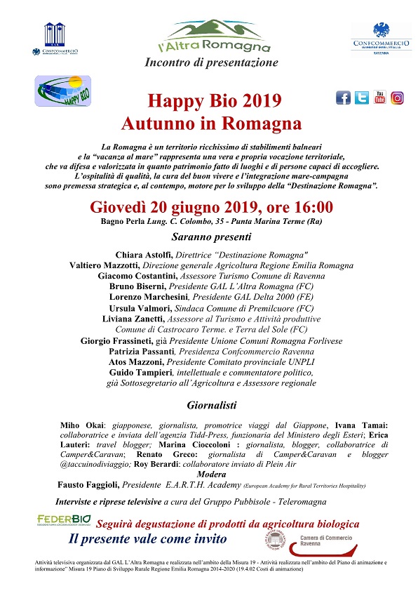 IL GAL L’ALTRA ROMAGNA PROTAGONISTA ALLA CONFERENZA STAMPA HAPPY BIO 2019 – AUTUNNO IN ROMAGNA presso il Bagno Perla di Punta Marina Terme