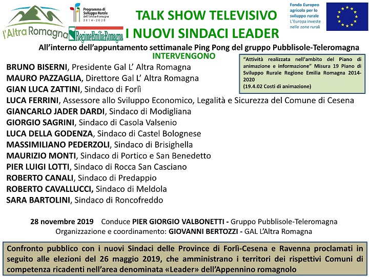 IL GAL L’ALTRA ROMAGNA ORGANIZZA IL TALK SHOW TV PING PONG “I NUOVI SINDACI LEADER” DEL 28 NOVEMBRE 2019