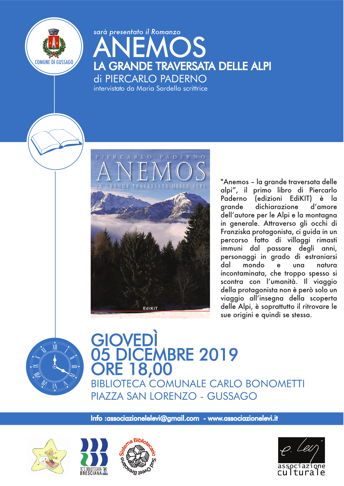 Giovedì 5 dicembre presentazione libro “ANEMOS La grande traversata delle Alpi” di Piercarlo Paderno