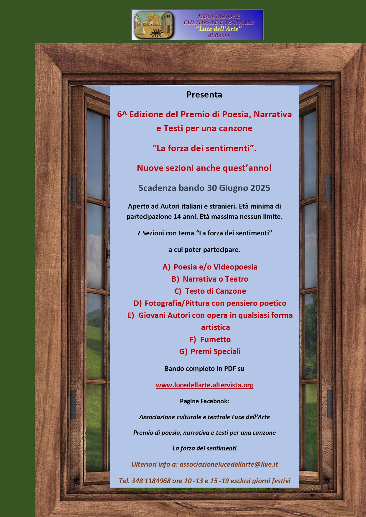 6^Edizione del Premio di Poesia, Narrativa e Testi per una canzone  “La forza dei sentimenti” . Scadenza bando il 30 Giugno 2025