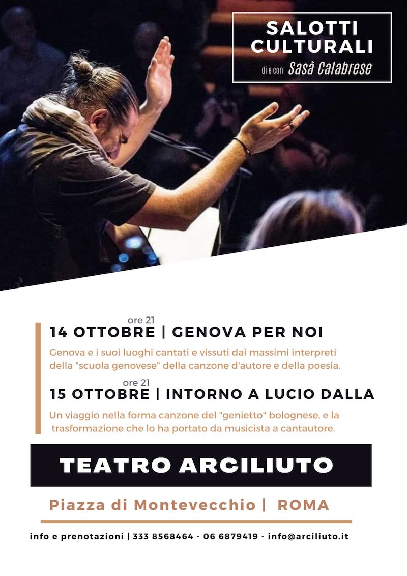 Al Teatro Arciliuto i Salotti Culturali di e con Sasa' Calabrese (Roma, 14-15 Ottobre)