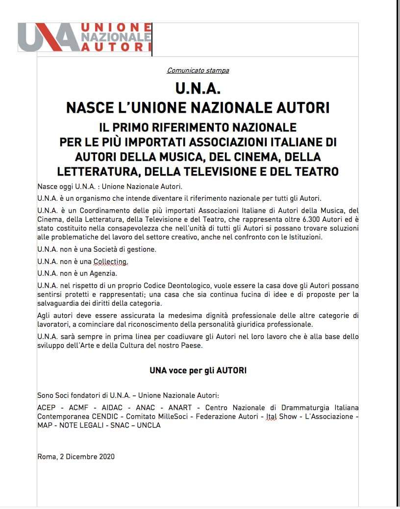 U.N.A. - NASCE L’UNIONE NAZIONALE AUTORI