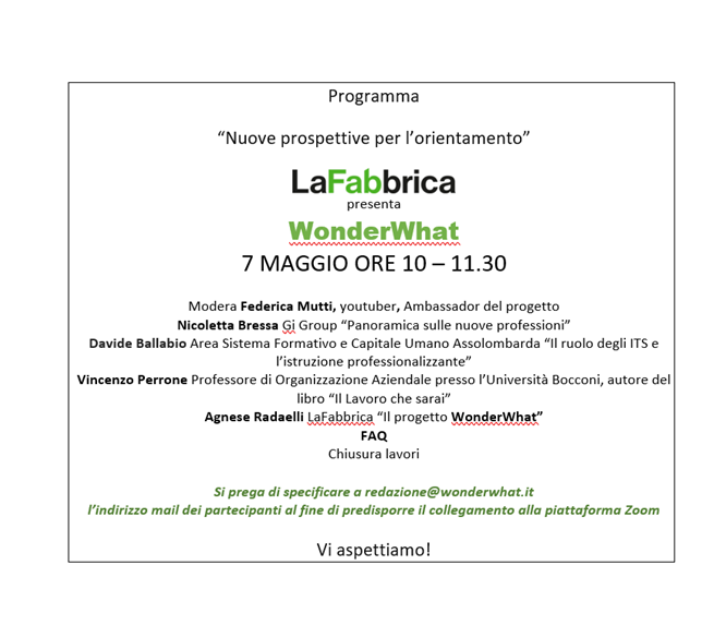 7 maggio 2021 La Fabbrica presenta WonderWhat la prima piattaforma innovativa sull'orientamento