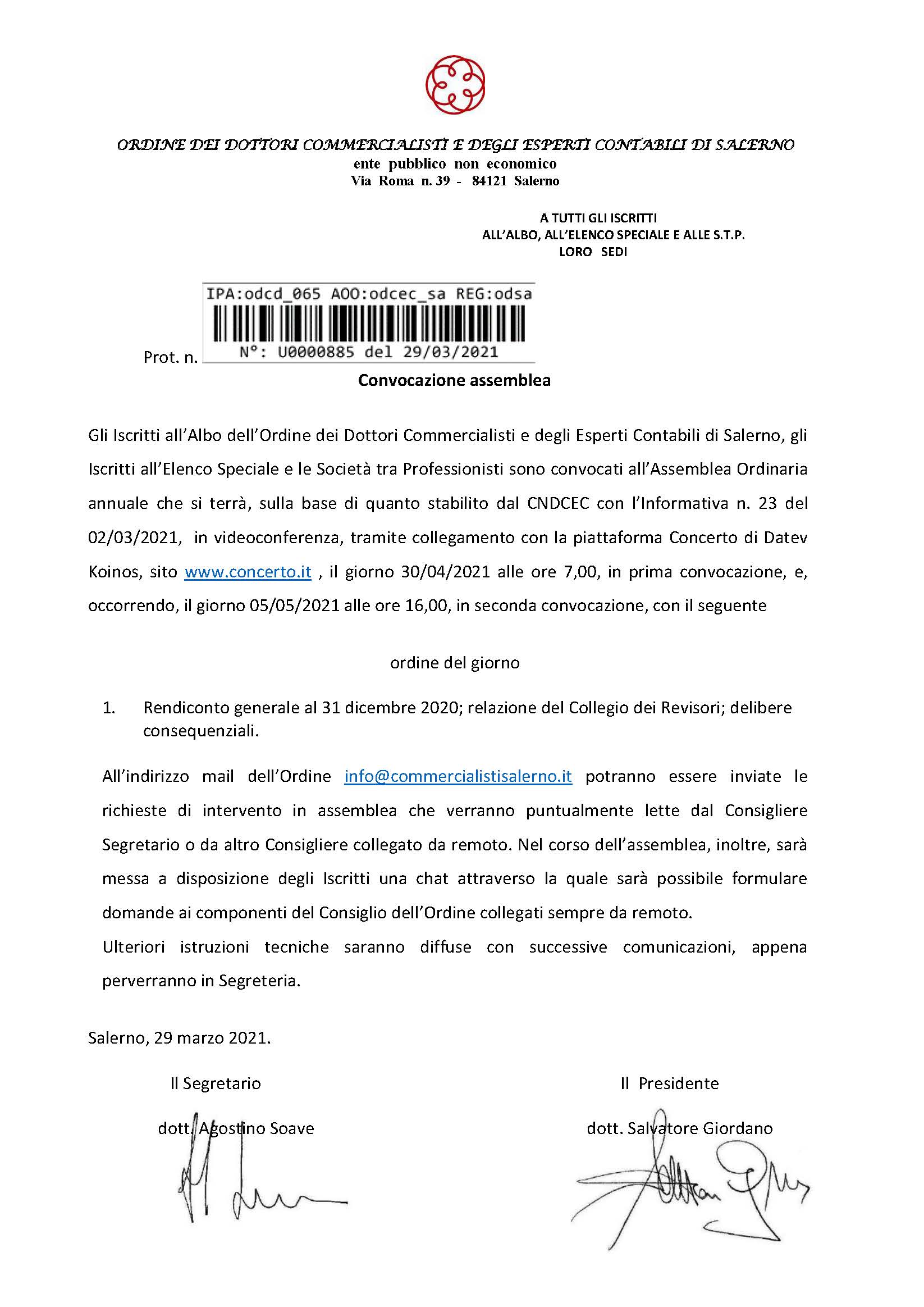 MERCOLEDÌ 5 MAGGIO L’ASSEMBLEA GENERALE DEGLI ISCRITTI ALL’ORDINE DEI DOTTORI COMMERCIALISTI ED ESPERTI CONTABILI DI SALERNO