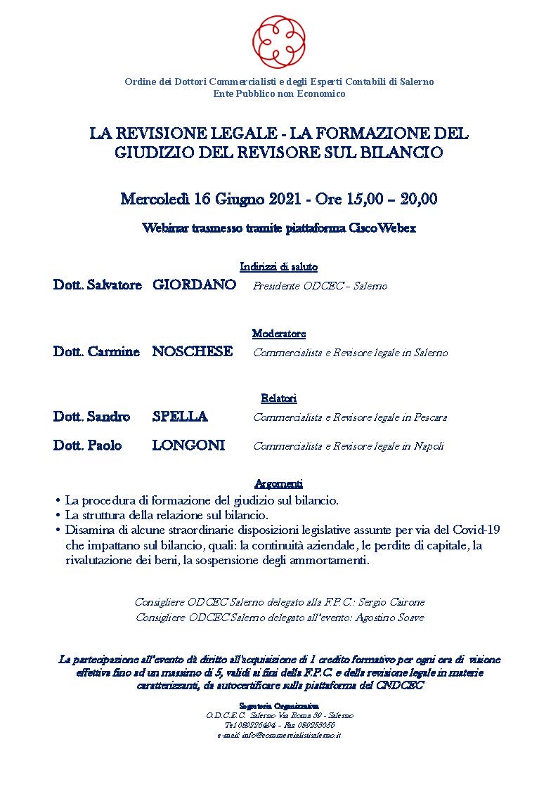 L’impatto delle disposizioni legislative per il covid sulla redazione dei bilanci e la revisione legale: l’analisi in un webinar dell’ODCEC Salerno