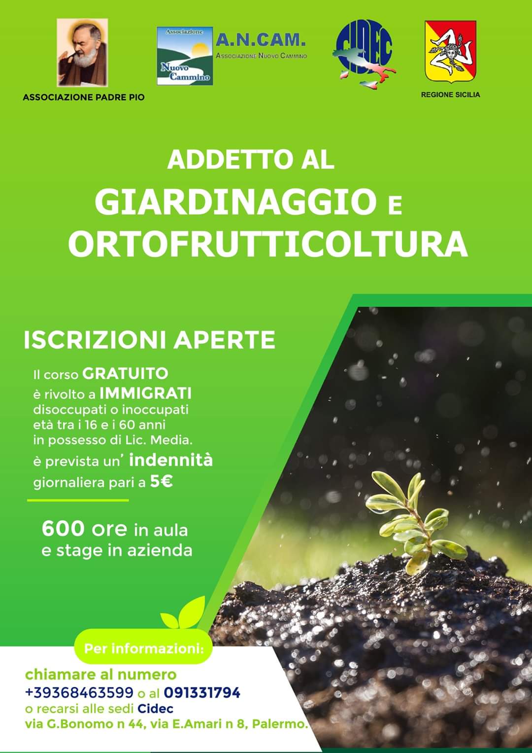 ADDETTO AL GIARDINAGGIO E ALL'ORTOFRUTTICOLTURA, AL VIA A PALERMO I CORSI DELLA CIDEC SICILIA