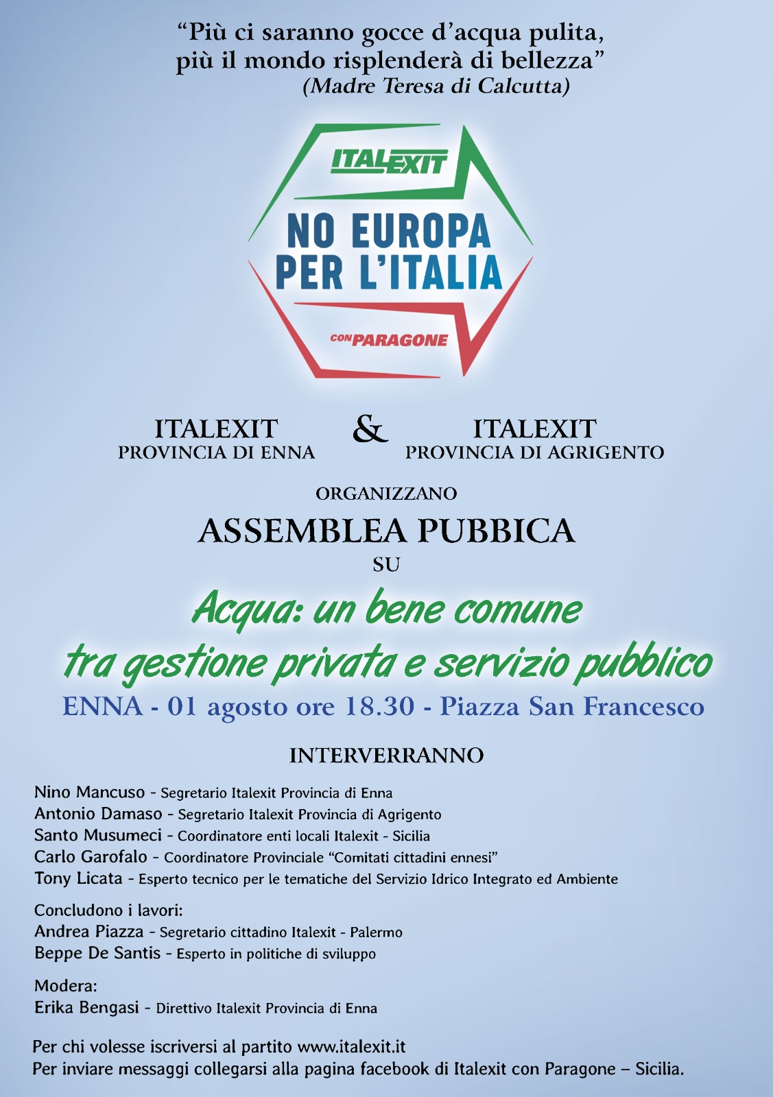 L’ACQUA : UN DIRITTO INALIENABILE O UNA MERCE? ASSEMBLEA PUBBLICA DI ITALEXIT A ENNA ALTA