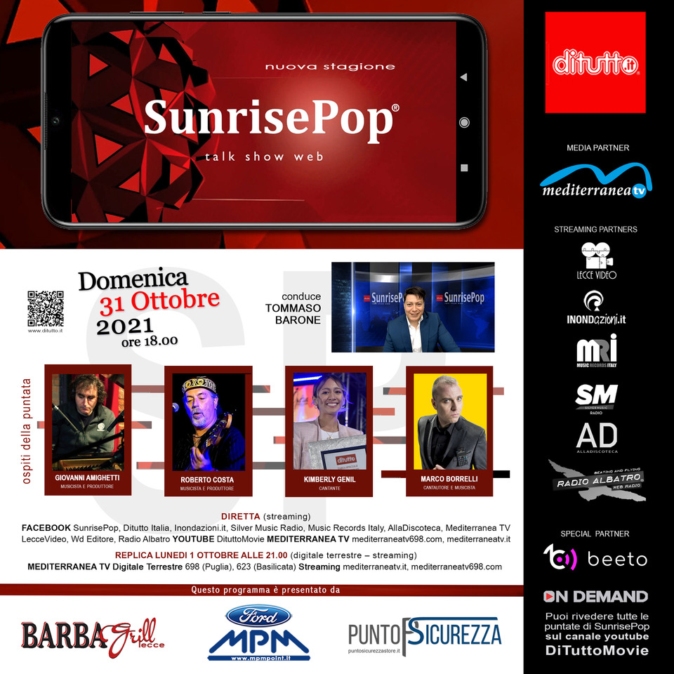 SUNRISEPOP, DOMENICA 31 OTTOBRE AL TALK SHOW WEB SI PARLA DI MUSICA ASSIEME A TANTI OSPITI