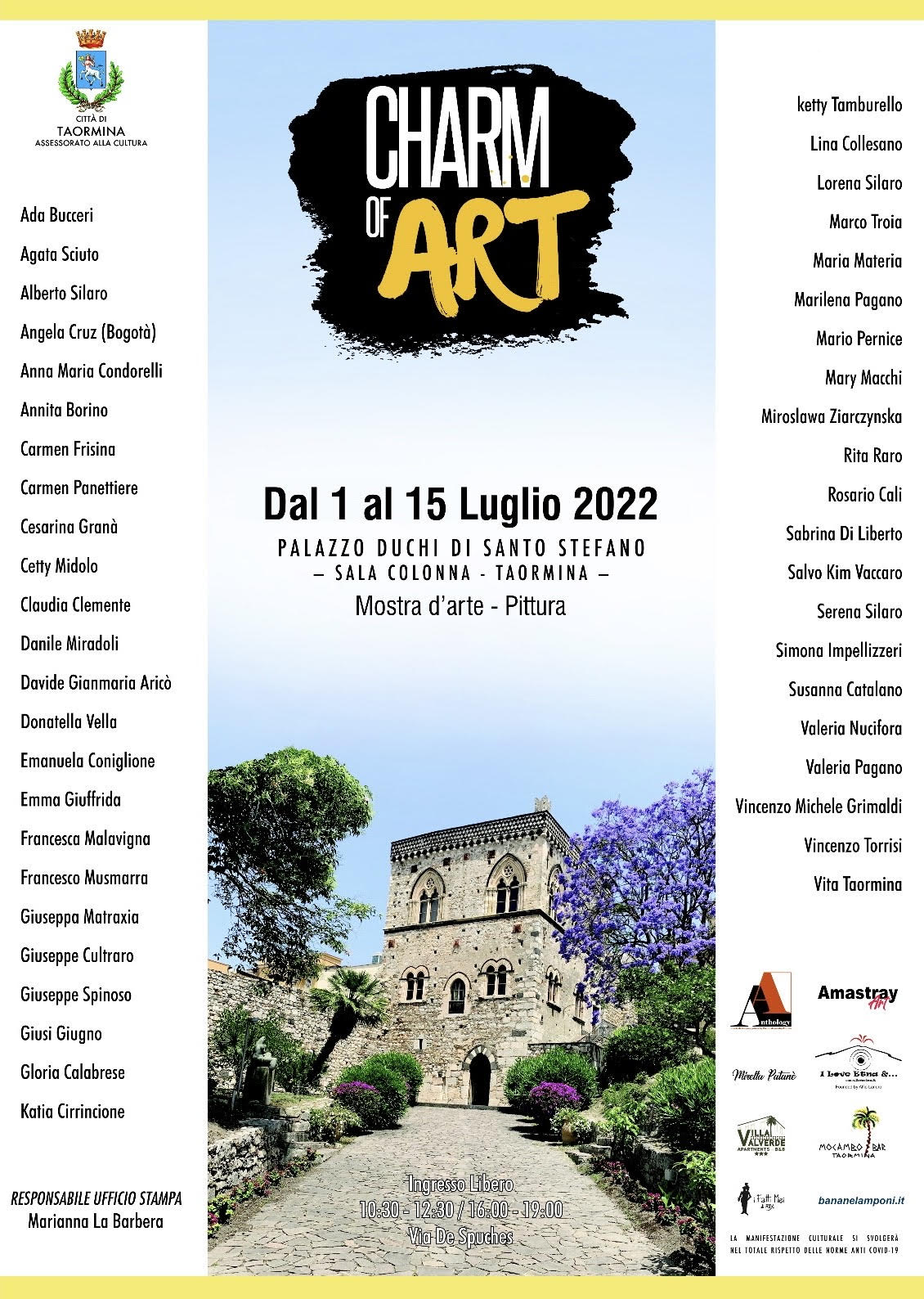 “CHARM OF ART” APPRODA A TAORMINA.  DAL 1 AL 15 LUGLIO COLLETTIVA DI PITTURA  A PALAZZO DUCHI DI SANTO STEFANO 