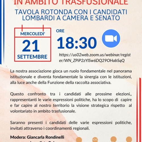 Avis Regionale Lombardia invita alla tavola rotonda “La visione strategica del volontariato del sangue in ambito trasfusionale” con i candidati lombardi a Camera e Senato