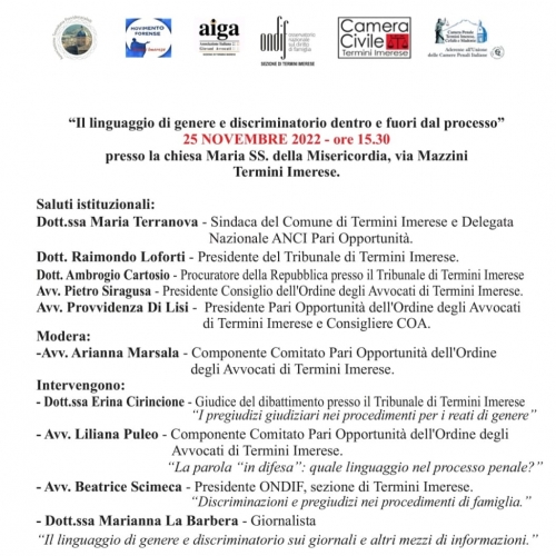 GIORNATA INTERNAZIONALE PER L’ELIMINAZIONE DELLA VIOLENZA CONTRO LE DONNE,  CONVEGNO A CURA DEL COMITATO PARI OPPORTUNITÀ  DELL’ORDINE DEGLI AVVOCATI DI TERMINI IMERESE 