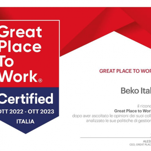 Beko Italy certificata come Great Place to Work  La qualità del luogo di lavoro dell’azienda proprietaria dei brand Beko e Grundig è stata attestata dal Great Place to Work Institute 