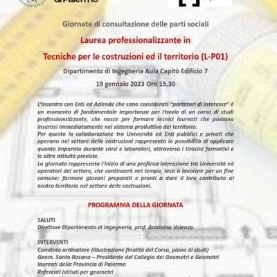 LAUREA PROFESSIONALIZZANTE IN TECNICHE  PER LE COSTRUZIONI E IL TERRITORIO, COLLEGIO DEI GEOMETRI DI PALERMO E DIPARTIMENTO DI INGEGNERIA  PRESENTANO IL PROGETTO FORMATIVO 