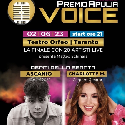 Premio Apulia Voice 2023: il 2 giugno al Teatro Orfeo di Taranto con Ascanio di Amici e Charlotte M.