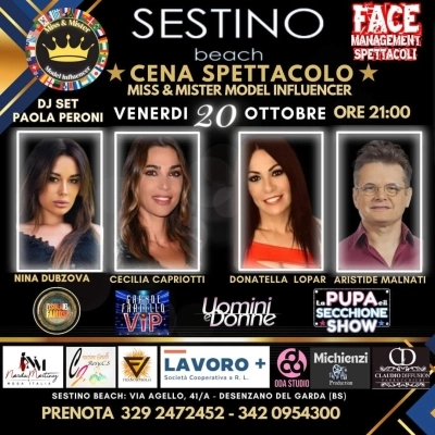 SESTINO BEACH VENERDI 20 OTTOBRE ORE 21:00 OSIPITI D’ ECCELLENZA DELLA SERATA: CECILIA CAPRIOTTI, ARISTIDE MALNATI, NINA DUBZOVA, DONATELLA LOPAR