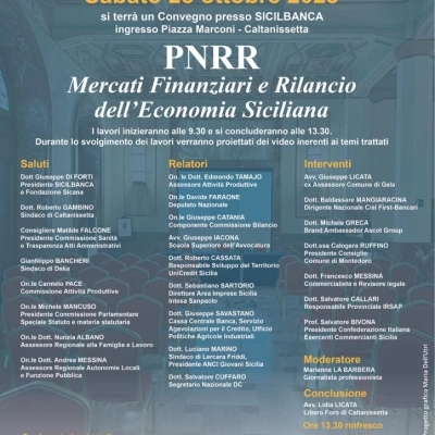 PNRR, mercati finanziari e nuove opportunità per l’economia siciliana: sabato 28 ottobre a Caltanissetta un convegno nella sede di Sicilbanca 