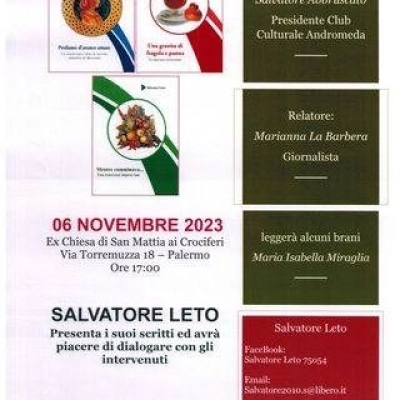 Salvatore Leto presenta i suoi libri “Profumo d’arance amare”, “Una granita fragola e panna” e  “Mentre camminavo…Una tenerezza improvvisa” 