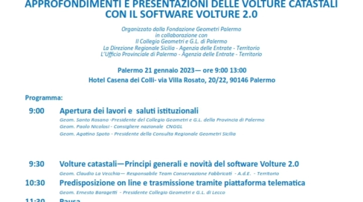  “VOLTURE  2.0”, ALL’HOTEL CASENA DEI COLLI   LA PRESENTAZIONE DELLA NUOVA PIATTAFORMA TELEMATICA. SEMINARIO A CURA DELLA FONDAZIONE GEOMETRI DI PALERMO