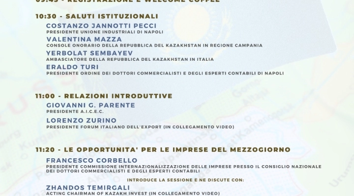 TAVOLA ROTONDA CON L'AMBASCIATORE DEL KAZAKHSTAN : LE GRANDI OPPORTUNITA' PER LE IMPRESE DEL MEZZOGIORNO