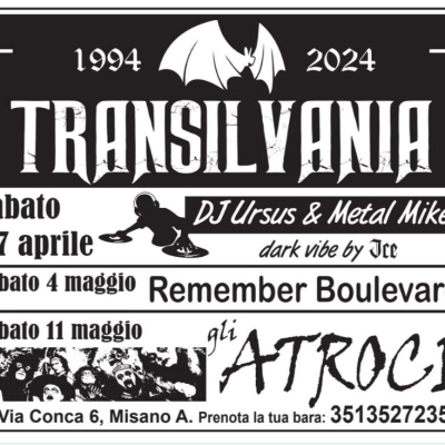 Sabato 27 Aprile -      Transilvania live and Horror Kafè  Via conca 6 – Misano Adriatico     DJSet - Ristorante e Pizzeria dalle ore 18:00  Inizio Live e Deejay Set ore 20:30 ?no all’alba VIP ospiti a sorpresa