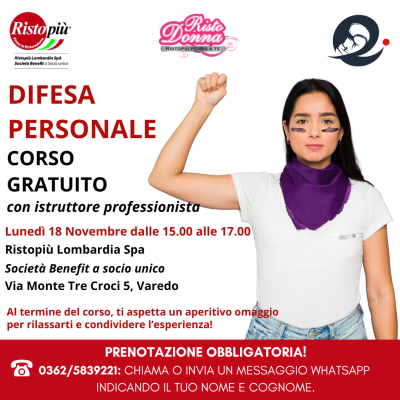 18 novembre: corso gratuito di Difesa Personale a Varedo presso Ristopiù Lombardia Spa, Società Benefit a socio unico.