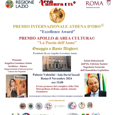 Palazzo Valentini a Roma, l'8 novembre ospita l'evento internazionale Premio Athena d'oro e Premio Apollo della Fondazione Area Cultura