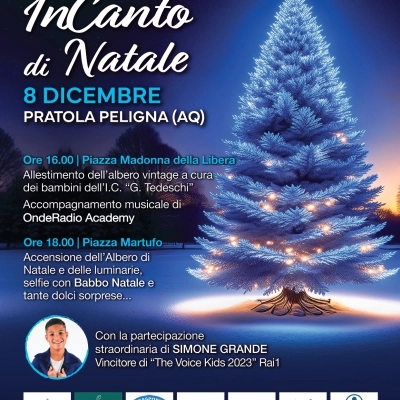 PRATOLA PELIGNA SI ILLUMINA A FESTA: L’8 DICEMBRE TORNA “INCANTO DI NATALE” CON LA STRAORDINARIA VOCE DI SIMONE GRANDE