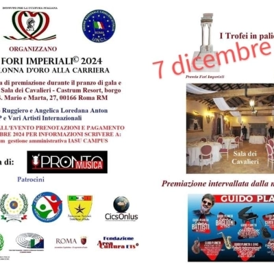 7 dicembre 2024 alla Sala dei Cavalieri a Roma il “Premio Fori Imperiali© e Premio Colonna d’oro alla Carriera©”. Ecco i premiati.