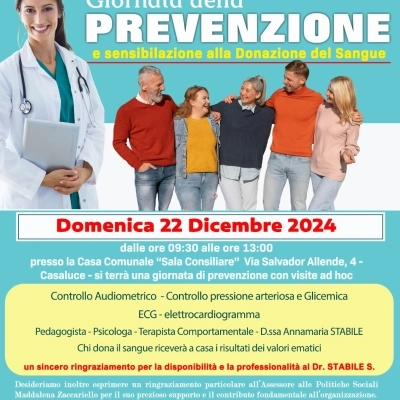 GIORNATA DELLA PREVENZIONE A CASALUCE e sensibilizzazione alla donazione del sangue