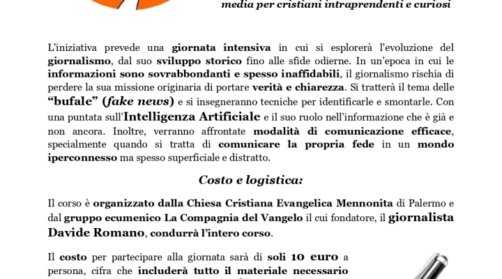 Palermo sabato 2 novembre, “Gesù è la Buona Notizia”. Corso di giornalismo per cristiani intraprendenti e curiosi