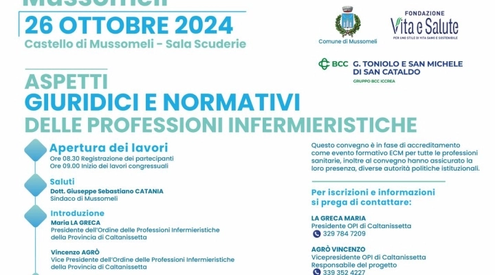 Sabato 26 ottobre a Mussomeli un convegno  sugli “Aspetti giuridici e normativi delle professioni infermieristiche”  a cura dell’Ordine delle Professioni Infermieristiche della Provincia di Caltanissetta