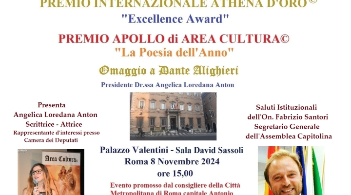 Palazzo Valentini a Roma, l'8 novembre ospita l'evento internazionale Premio Athena d'oro e Premio Apollo della Fondazione Area Cultura