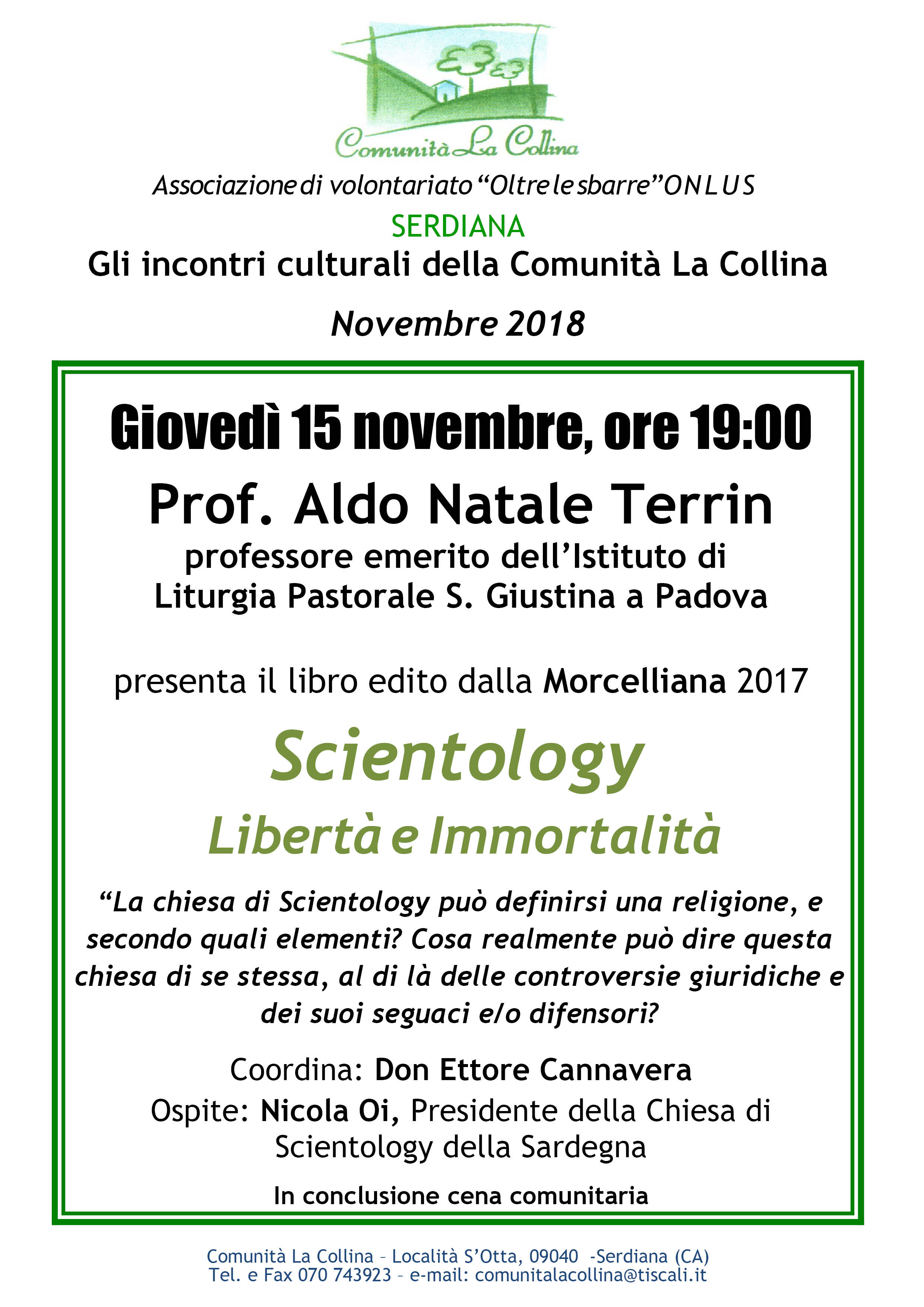 LA COMUNITA’ LA COLLINA OSPITA LA PRESENTAZIONE  DEL PIU' RECENTE LIBRO DEL PROFESSOR ALDO NATALE TERRIN