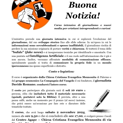 Palermo sabato 2 novembre, “Gesù è la Buona Notizia”. Corso di giornalismo per cristiani intraprendenti e curiosi